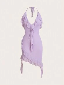 SHEIN ICON Spring Ruffle Trim Halter Neck Sleeveless Red Dress,Lavender Dress - Mauve Purple - View 1