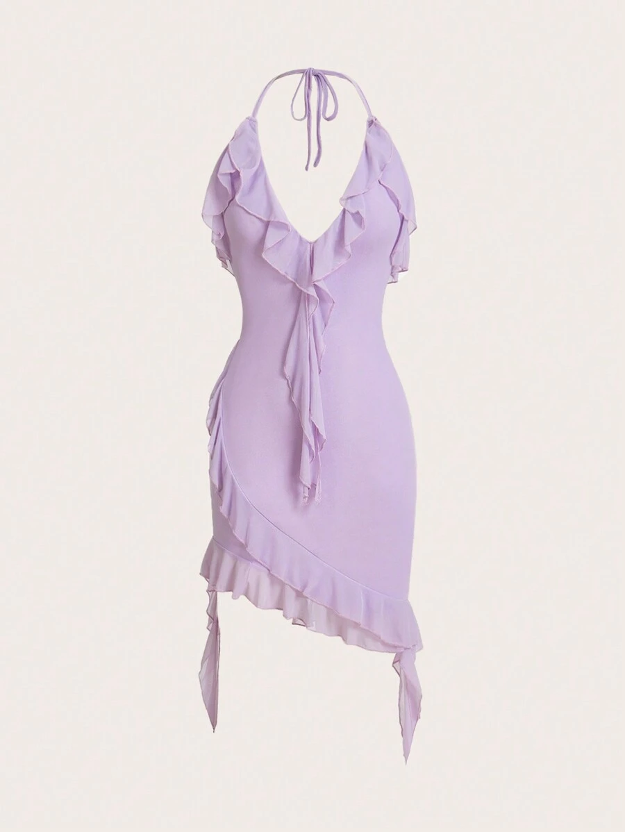 SHEIN ICON Spring Ruffle Trim Halter Neck Sleeveless Red Dress,Lavender Dress - Mauve Purple - View 1