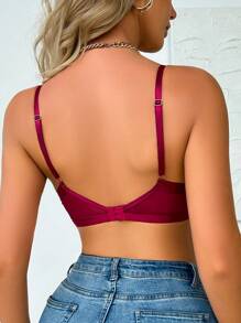 Women's Solid Color Lace Trim High Support Underwire Lingerie Bra - Burgundy - View 2