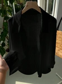 Comfortcana Áo sơ mi tay cánh dơi trơn màu đen mùa xuân - màu đen - Xem 3