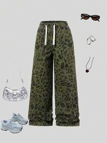 Tween Girls Casual Daily Urban Street Chic Wide Leg Denim Jeans, Green Leopard Print With Elastic Waistband & Adjustable Drawstring