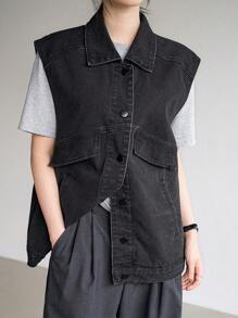 Dazy-Less Women's Sleeveless Front Button Pocket Simple Casual Denim Jacket - Black - View 3