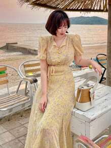 DAZY Women's Ditsy Floral Ruffled Puff Sleeve Button Casual Dress Sundress - Yellow - View 5