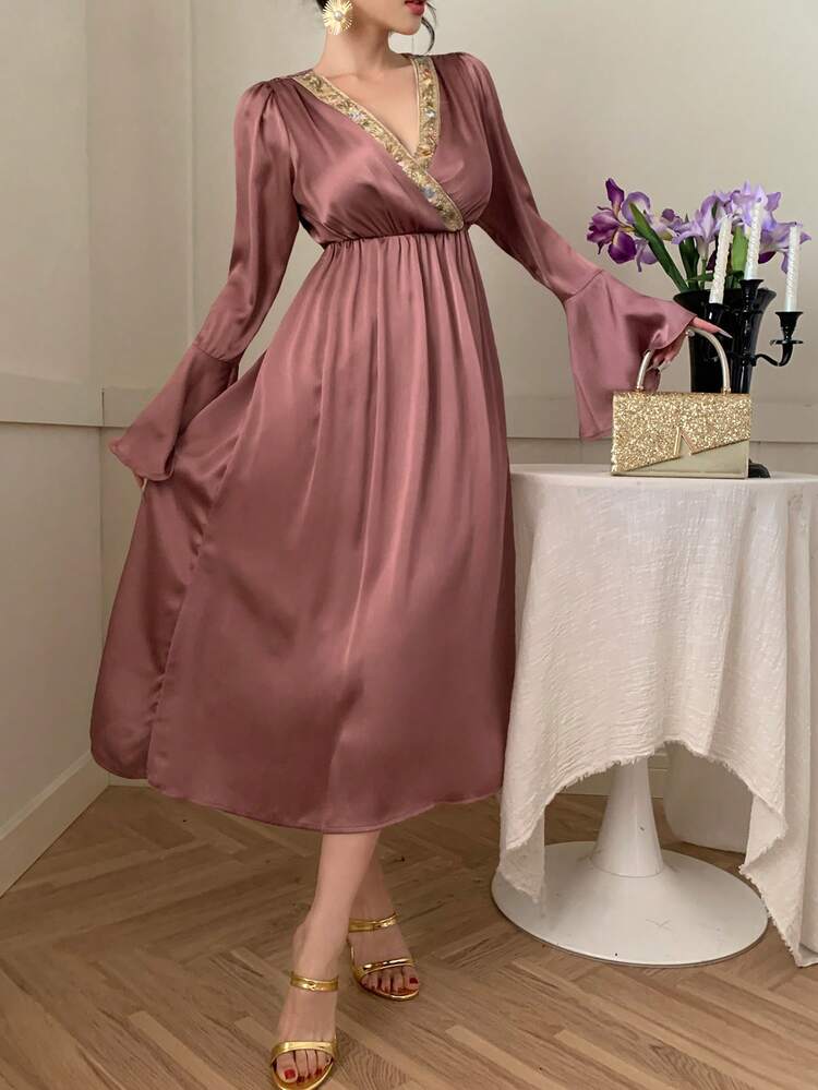Women's Elegant Crossover Wrap Knitted Long Sleeve Dress