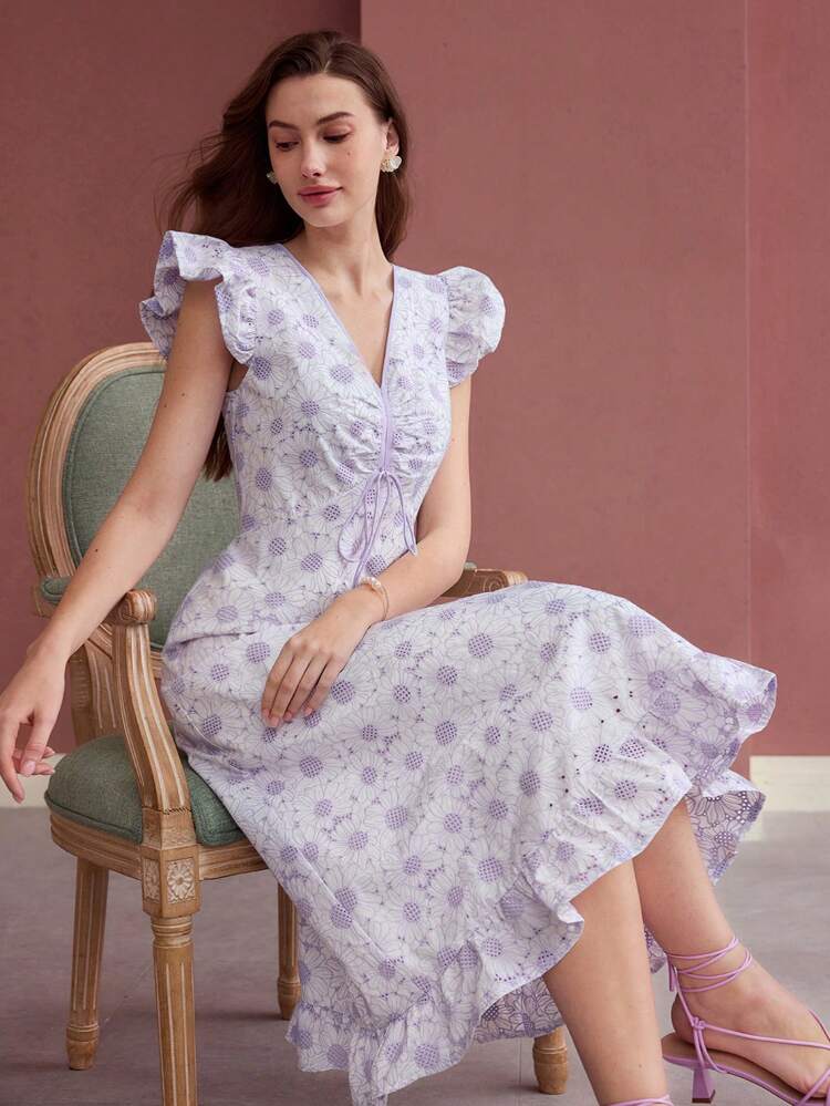 FLOWER PRINT RUFFLE HEM DRESS