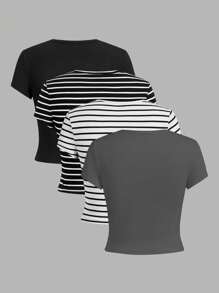 SHEIN EZwear 4pcs/Set Women Plain & Stripe Pattern Crew Neck Short Sleeve Fitted Cropped T-Shirts, Casual Summer