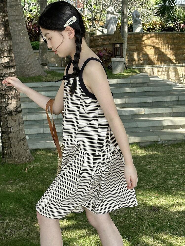 Tween Girls' Casual Minimal Striped Camisole Dress, For Summer Daily Wear,Back To School Clothes