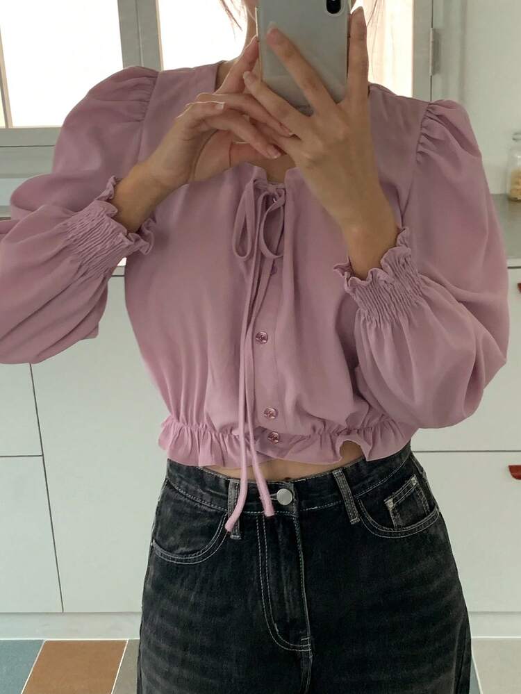 Women's Solid Color Crew Neck Tie Waist Long Sleeve Blouse, Spring/Summer/Autumn