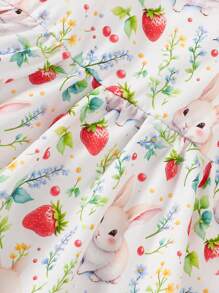SHEIN 2pcs/Set Baby Girl Casual All-Match Versatile Cute Watercolor Rabbit & Strawberry Print Sleeveless Dress, Suitable For Valentine's Day, Easter, Festivals, Birthday Photo Shoot, Outdoor Activities, Leisure, Vacation, Spring/Summer Clothes