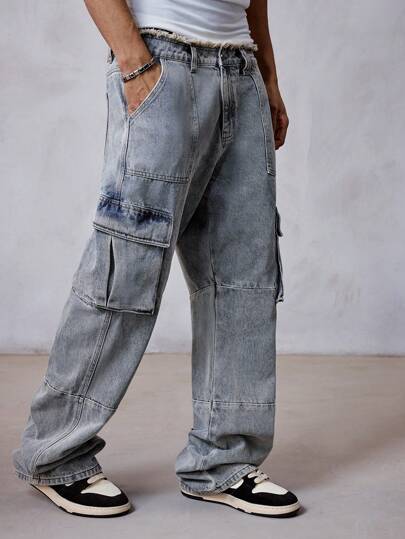 Grunge Punk Men's Cargo Pockets Loose Fit Casual Jeans