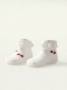 Cozy Pixies 1 Pair Basic Cherry Pattern Baby Girls Cotton Lace Trim Socks, Suitable For Daily Wear, All Seasons