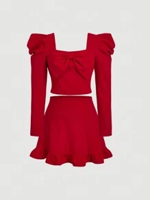 SHEIN MOD Set de 2 piezas Talla grande de Blusa de manga gigot roja con moño y falda a juego estilo romántico y dulce