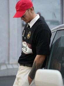 DAZY Summer Men's Letter Print Black Polo Shirt - Black and White - View 6