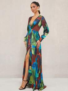 Lumalex 女士前部扭纹深 V 领长袖开衩裹腿连衣裙