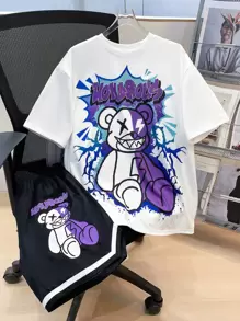 SHEIN Set de 2 piezas para niño adolescente con camiseta de manga corta de estilo suelto y casual con estampado de oso y un short a juego; ropa para primavera; ropa para niños adolescentes; chaquetas para niños adolescentes, de vuelta a la escuela en primavera