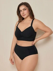 SHEIN Swim Curve Conjunto de bikini de tela acanalada de talla grande con tirantes ajustables, informal para la playa y uso diario, verano