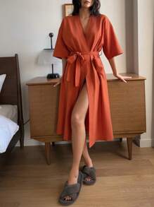 DAZY Minimalist Half Sleeve Wrap Robe, Casual And Fashionable For Everyday Wear Pajama - Rust Brown - View 3