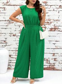 SHEIN Clasi Mono verde sin mangas con piernas anchas para mujer talla grande, casual y elegante, adecuado para uso diario, ropa de resort, ropa de verano, ropa casual de negocios, salidas, ropa de oficina, ropa de primavera, festivales, uso docente, estilo old money, 2025, mono de mujer, mono elegante de mujer, mono