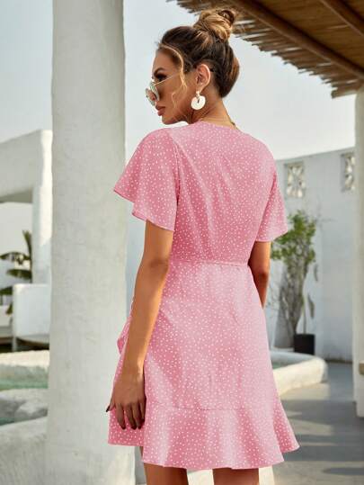 Breezaya Cute Pink Mini Dress For Women: Polka Dot Print, Ruffle Hem, V-Neck, Vacation Style,Summer Dresses For Women