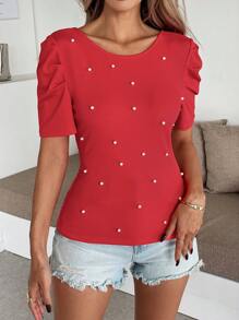 SHEIN Clasi Women's Fashion Elegant Bodycon T-Shirt With Back Pearl Decor, Red Top
