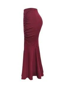 SHEIN Clasi 大码女式褶皱鱼尾下摆情人节红色鱼尾酒红色中长裙