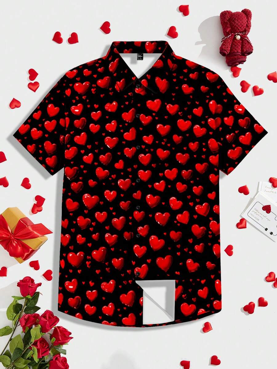 Manfinity VCAY Men's Loose Fit Short Sleeve Digital Print Heart Pattern Shirt - Black - View 1