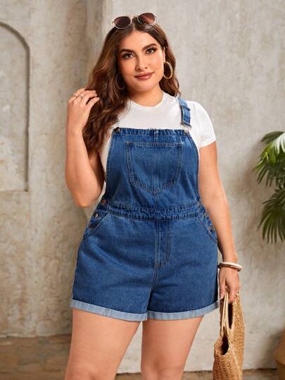 SHEIN CURVE+ 大码女式牛仔连体裤，宽松休闲高腰短款阔腿牛仔背带裤，女士牛仔装扮