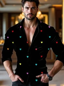 Manfinity VCAY 男士休闲心形印花长袖衬衫 - 黑色 - 查看 4