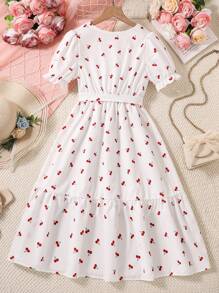 Tween Girl Cherry Print Long Dress, Summer - White - View 2