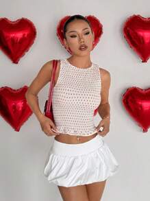 Flirla Cute Polka Dot Pleated Elastic Hem Ruffle Decor Round Neck Slim Fit Sleeveless Tank Top - White - View 6