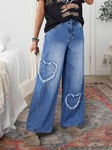 SHEIN LUNE Women's Casual Washed Heart Ripped Hem Wide Leg Jeans - Blue - View 5