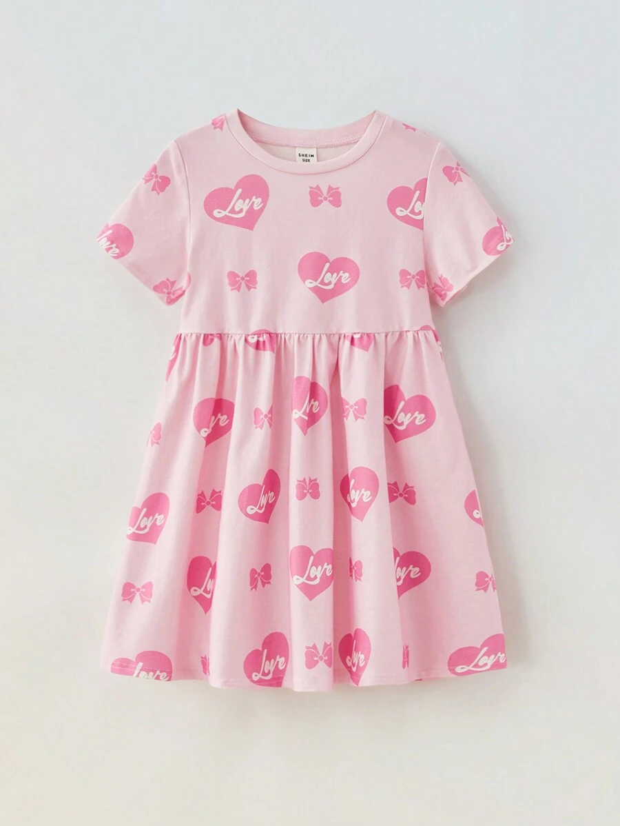 Maija Kids Maija Kids Loose Crew Neck Heart Pattern Short Sleeve Valentine's Day Dress For Young Girl - Pink - View 1