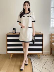 DAZY Color Block Round Neck Women's Casual Short Sleeve Mini Dress Sundress - Beige - View 4