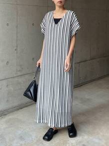 FRIFUL Dames gestreepte losse V-hals vleermuismouwen korte mouwen casual midi-jurk zomerjurk