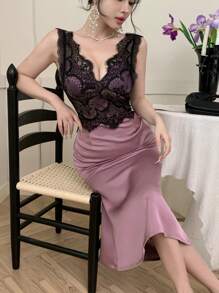 DAZY 女士 V 领蕾丝拼接无袖中长优雅连衣裙，情人节舞会礼服优雅 - 紫色 - 查看 1