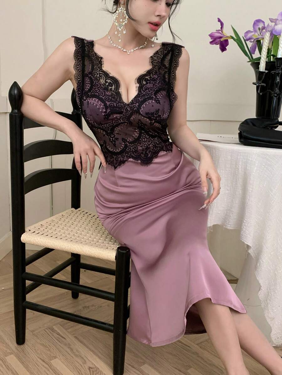 DAZY 女士 V 领蕾丝拼接无袖中长优雅连衣裙，情人节舞会礼服优雅 - 紫色 - 查看 1