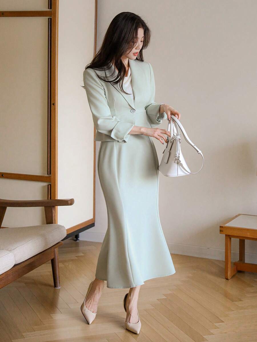 DAZY Bộ vest và chân váy màu trơn ôm dáng dành cho nữ, trang phục công sở mùa thu, lễ Phục sinh. - màu xanh lá - Xem 1