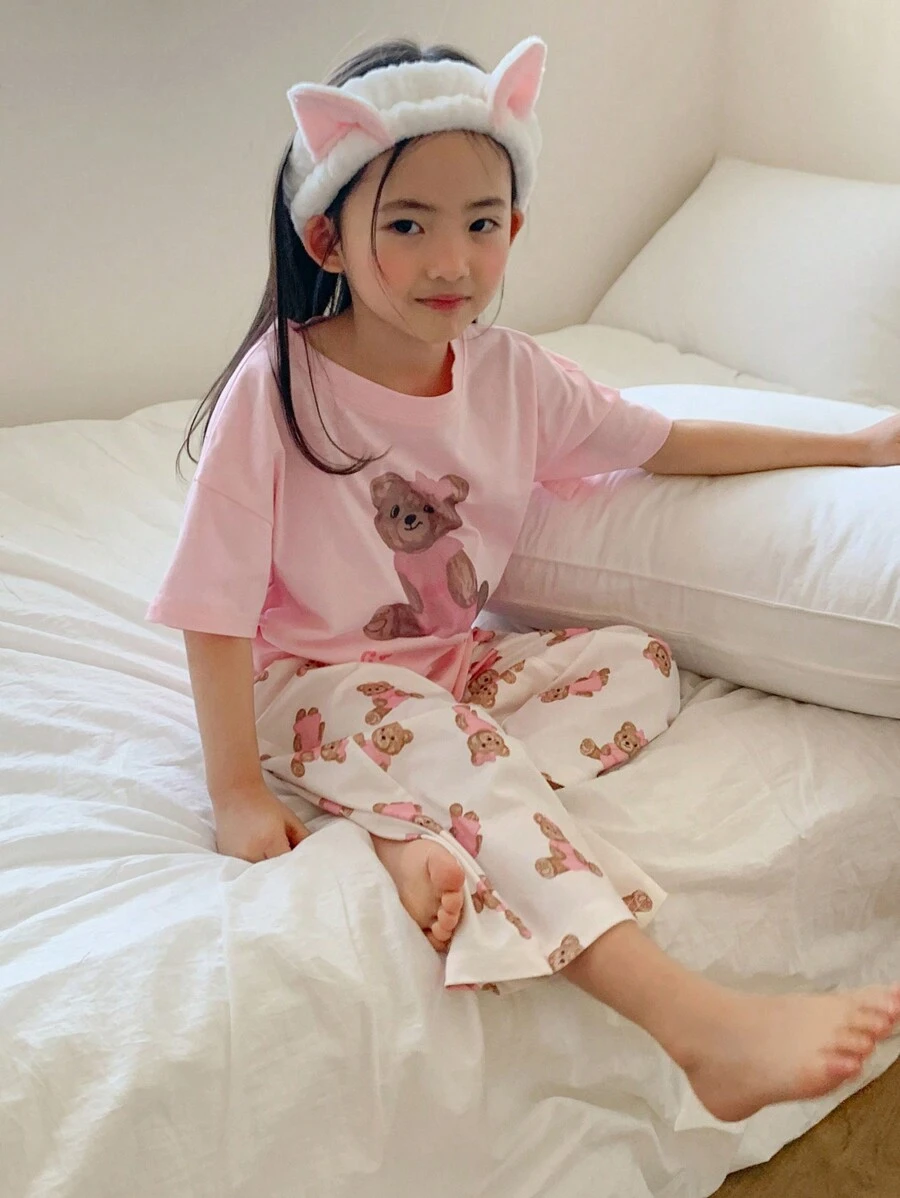Dazy Kids 小女孩小熊印花短袖长裤家居服套装,女孩夏季复活节服装 - 粉色 - 查看 1