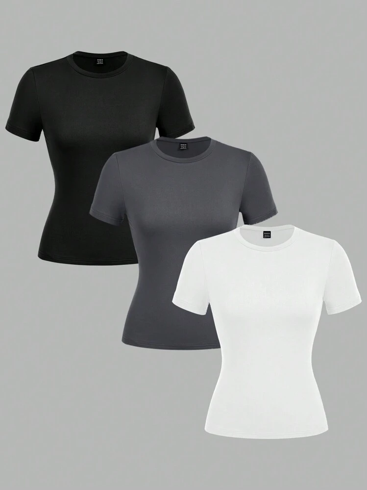 SHEIN EZwear 3 pièces T-shirt à manches longues près du corps, col rond, décontractés pour femmes. Convient pour le printemps/été