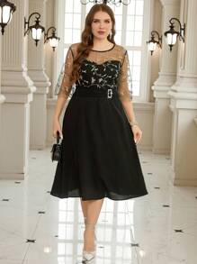 Gownix Plus Size Women Embroidered Mesh Patchwork Dress, Elegant Party And Daily Wear,Spring Summer Dresses For Women,Vacation Outfits Woman Going Out Outfits,Maxi Dresses For Women,Maxi Dress Elegant,