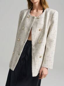 Ontre 2025 New Arrival Women's Modern & Elegant Double Breasted Padded Shoulder Boxy Loose Crew Neck Tweed Coat, Versatile For Spring Outings, Holidays, Valentine's Day