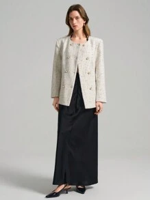 Ontre 2025 New Arrival Women's Modern & Elegant Double Breasted Padded Shoulder Boxy Loose Crew Neck Tweed Coat, Versatile For Spring Outings, Holidays, Valentine's Day