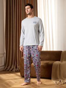 Men's Multi-Element Printed Long Sleeve Shirt & Long Pants Pajama Set - Dark Grey - View 7