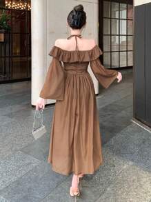 DAZY Fitted Pieced Ruffle Off Shoulder Standout Floral Decor Midi Dress For Women,Fall Dress Long Sleeve Dress