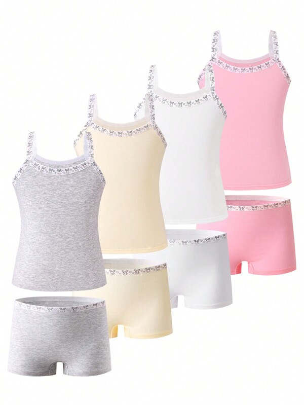 8pcs/Set Young Girl' Underwear Set Includes Camisole & Panties, Cotton Solid Color Or Rabbit Print Designs, Multiple Pieces