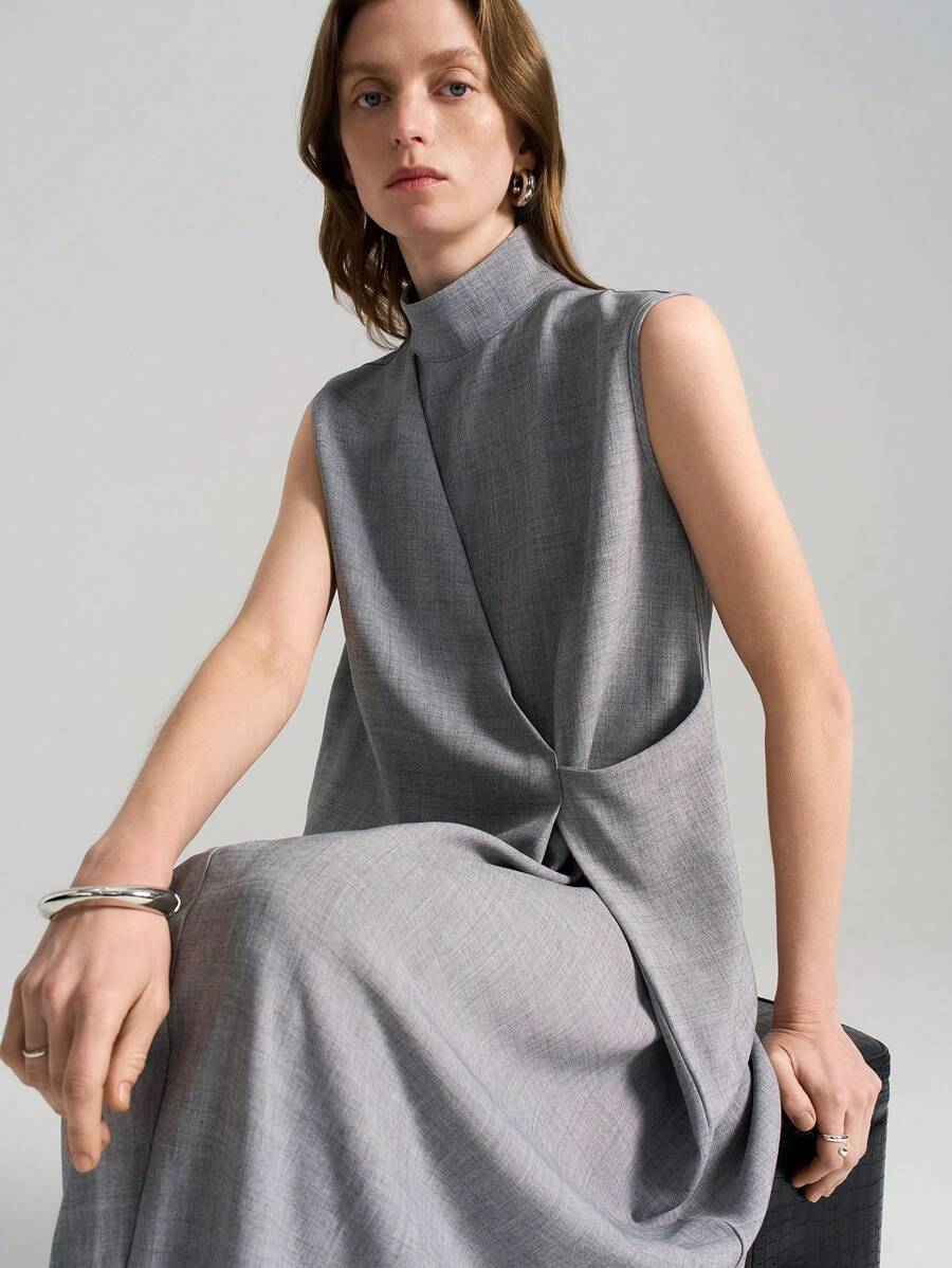 Ontre 四季女士浅灰色高端无袖连衣裙，裹身裙，简约连衣裙，简约时尚休闲日常长款连衣裙