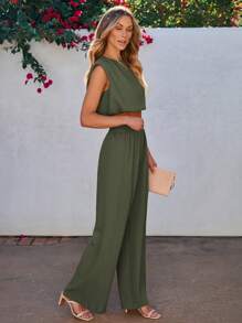Vivid Eden Women's Solid Color Round Neck Top And Long Pants Two-Piece Set For Vacation