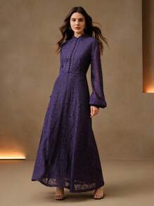 Anewsta Ladies' Long Sleeve Lace Rose Pink Dress Maxi Women Outfit - Purple - View 6