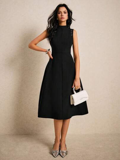 Poéselle Black Dress, Stylish And Capable, Summer Women Outfit,Old Money Style,Women's Sleeveless Solid Color Midi Dress, Casual And Fashionable For Everyday Wear ,Business Casual Woman