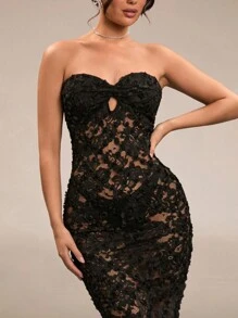 SHEIN BAE Black Lace Jacquard Sheer Dress For Women, Lace Bustier Solid Twist Waist Beach Vacation Fitted Long Dress, Spring/Summer